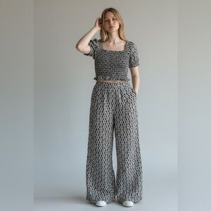 Monteau Linen Blend Black & White Geometric Wide-Leg Pants Set Size Large